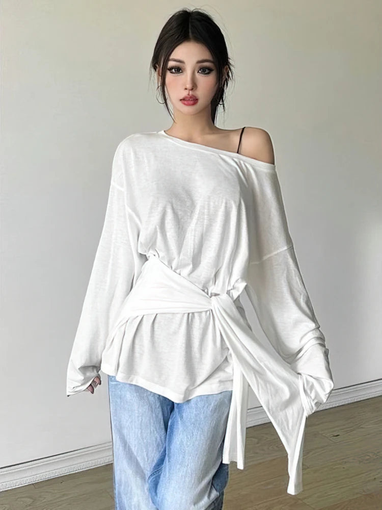 Women’s See Through Long Sleeve Oversize T-Shirt Sexy Back Bandage Off Shoulder Basic Long Tee Korean Chic