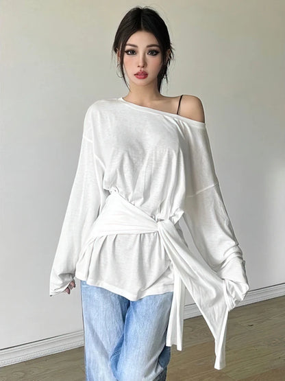 Women’s See Through Long Sleeve Oversize T-Shirt Sexy Back Bandage Off Shoulder Basic Long Tee Korean Chic
