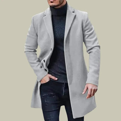 Men’s Mid-Length Woolen Overcoat – Solid Color Warm Coat, Classic Windbreaker-Style Outerwear Available in Multiple Colors