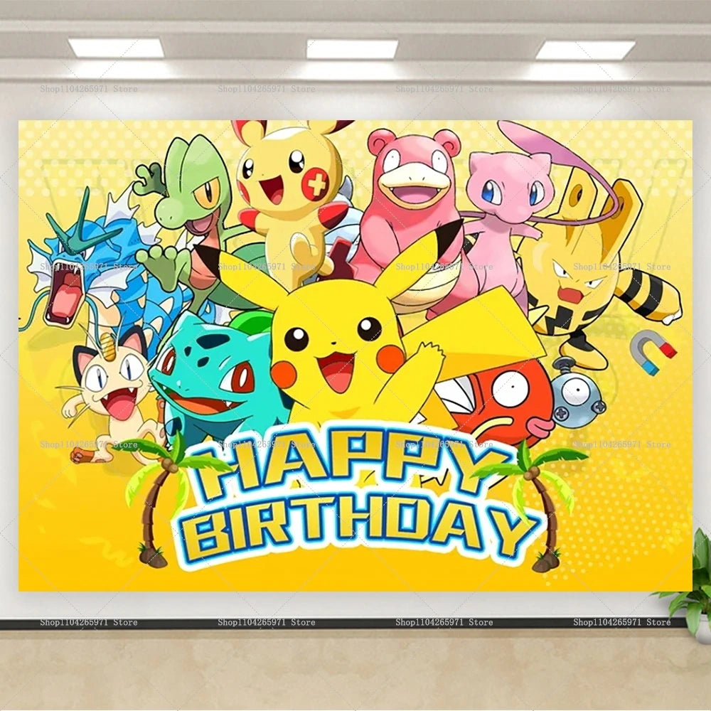 Pokémon Birthday Backdrop – Pikachu Party Photography Background Banner for Kids Birthday, Photo Studio Wall & Party Decoration