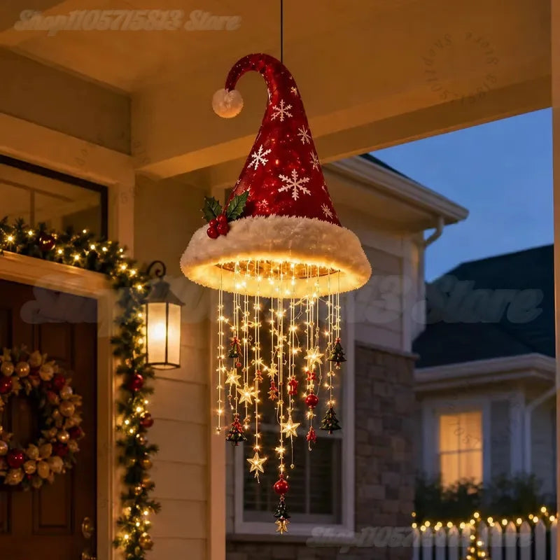 Lighted Santa Hat Hanging Chandelier – Warm LED Christmas String Lights with Festive Ornaments, 3 Styles for Holiday Decor