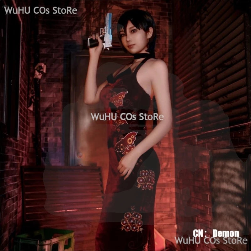 Resident Evil 4 Ada Wong Cosplay Costume | Red Cheongsam Embroidery Dress with Wig | Halloween Carnival & Anime Roleplay Suit for Women