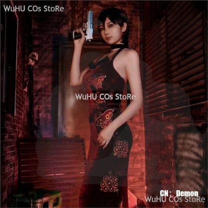 Resident Evil 4 Ada Wong Cosplay Costume | Red Cheongsam Embroidery Dress with Wig | Halloween Carnival & Anime Roleplay Suit for Women