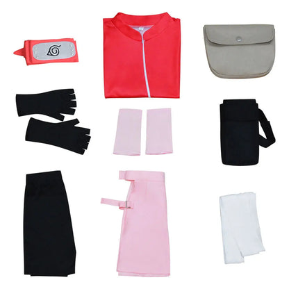 Anime Sakura Cosplay Costume – Ninja Battle Suit (Red Top, Pink Skirt, Bag Full Set for Halloween/Stage Party)