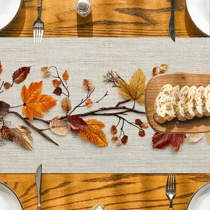 Autumn Fallen Leaf Table Runner – Natural Dried Leaf & Vine Collage Design for Thanksgiving, Family Gatherings, Cafés, B&Bs, Picnics & Home Decor