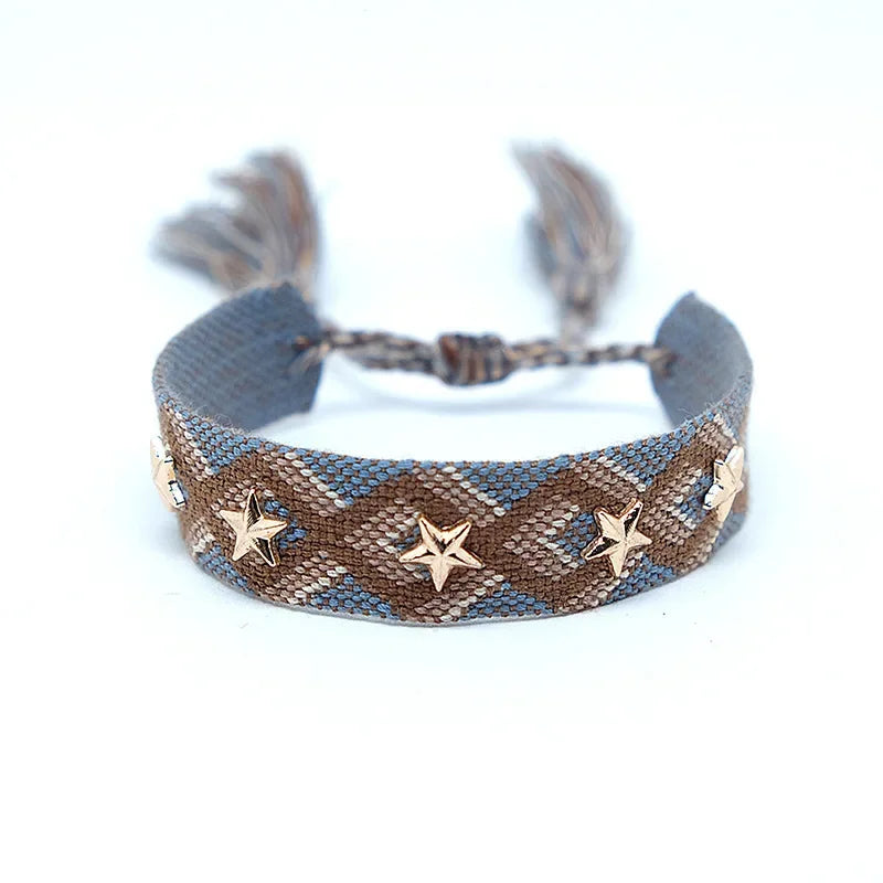 Bohemian Star Tassel Bracelet – Handmade Woven Alloy Gold Rivet Wrist Strap for Women | Ethnic Fashion Jewelry Gift