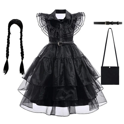 Girls’ Wednesday Addams Cosplay Costume Dress – Gothic Mesh Party Dress for Kids, Halloween Carnival Dress-Up Outfit, Ages 4–12