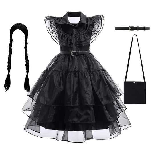 Girls’ Wednesday Addams Cosplay Costume Dress – Gothic Mesh Party Dress for Kids, Halloween Carnival Dress-Up Outfit, Ages 4–12
