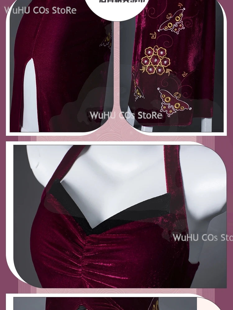 Resident Evil 4 Ada Wong Cosplay Costume | Red Cheongsam Embroidery Dress with Wig | Halloween Carnival & Anime Roleplay Suit for Women
