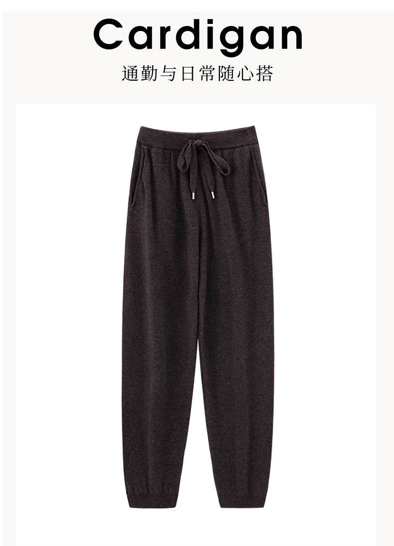 Pantalones de cachemir 100 % pura lana para mujer, de punto, sueltos, de cintura alta, con puños, para otoño e invierno, de corte recto y ajustado