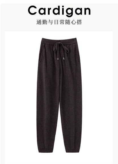 Pantalones de cachemir 100 % pura lana para mujer, de punto, sueltos, de cintura alta, con puños, para otoño e invierno, de corte recto y ajustado
