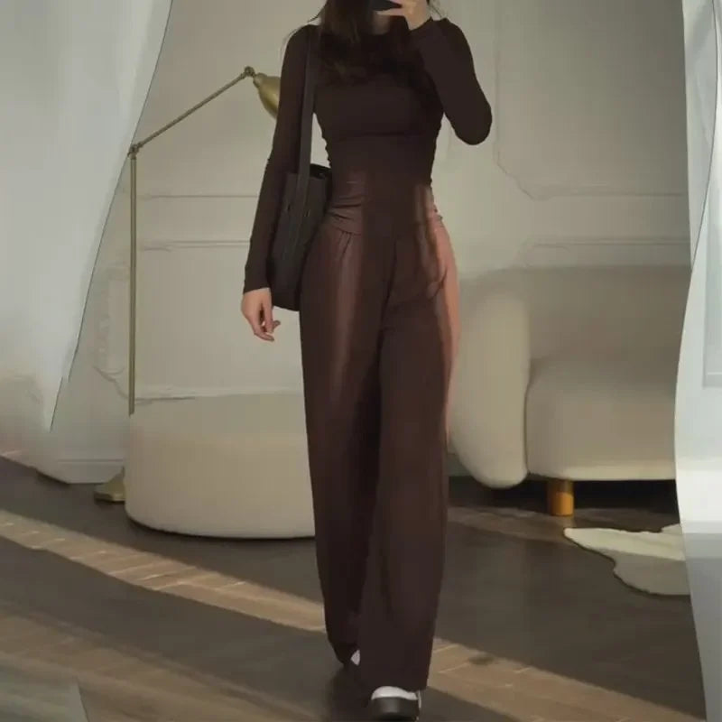 Ensemble deux pièces pour femme, comprenant un haut à col rond et manches longues et un pantalon taille élastique, décontracté pour l'automne