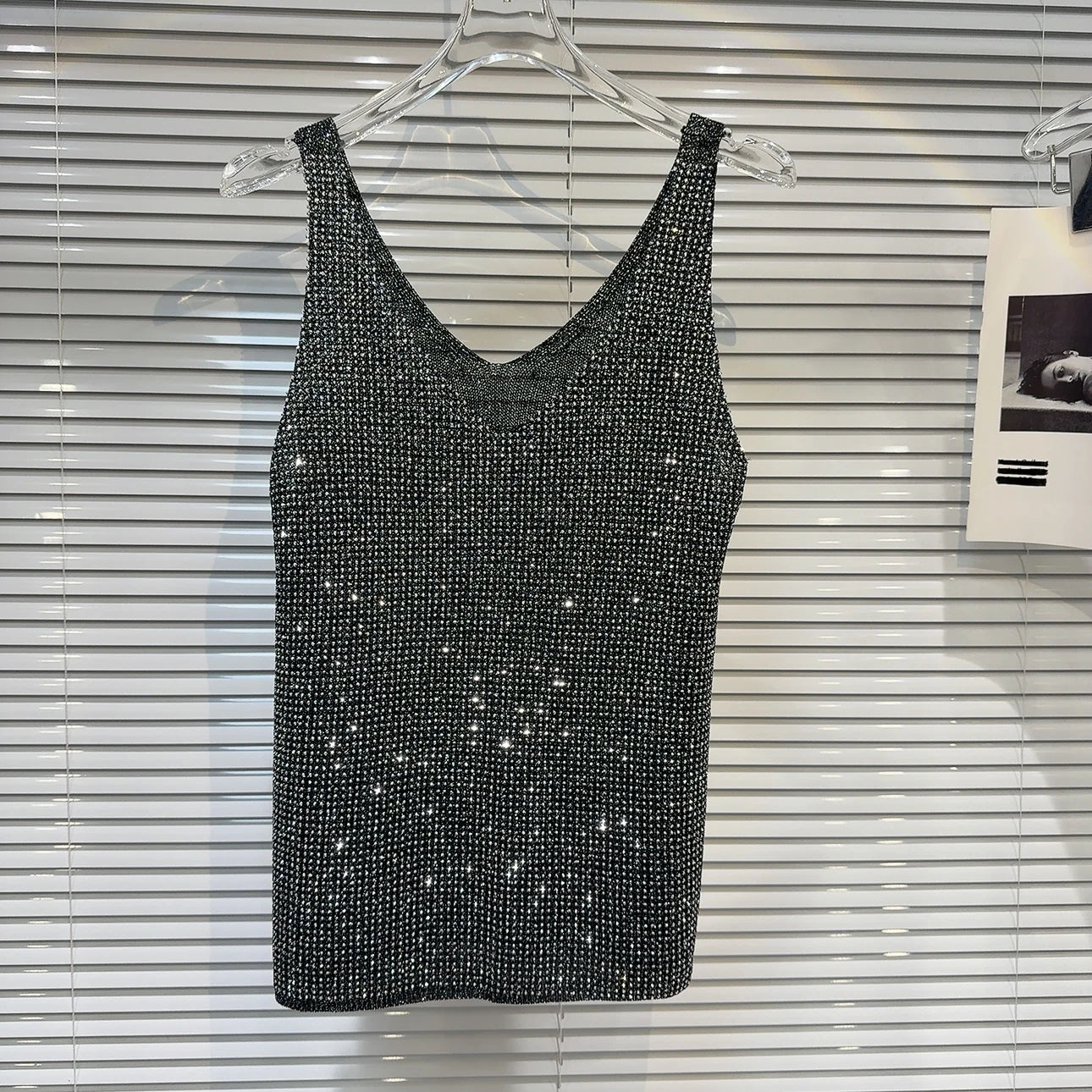 Women's Summer V-Neck Rhinestone Tank Top – Loose Sleeveless Bling Top with Sparkly Diamond Embellishments