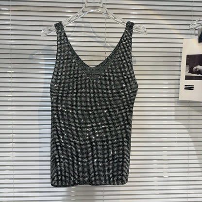 Women's Summer V-Neck Rhinestone Tank Top – Loose Sleeveless Bling Top with Sparkly Diamond Embellishments