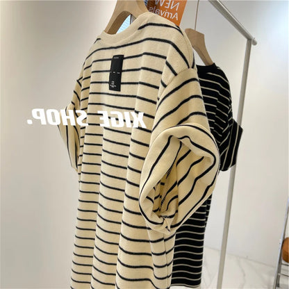 Women’s Korean Style Oversize Striped T-Shirt Loose Casual Short Sleeve Cotton Summer Commute Top