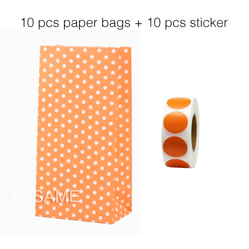 10PCS Stand-Up Colorful Gift Bags with Stickers – Solid, Striped & Polka Dot Treat Bags for Wedding, Birthday & Party Favors (18×9×6cm)