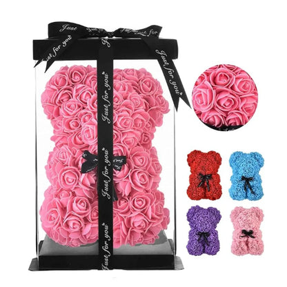 Oso de rosas artificiales de 25 cm con caja de regalo – Regalo romántico para ella en San Valentín, aniversario y boda