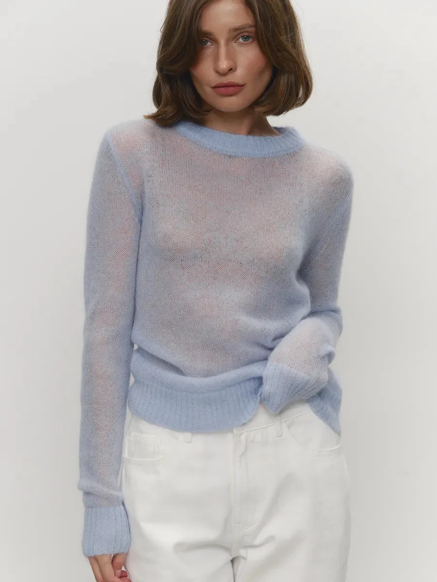 Women’s Classic Mohair Knitted Sweater Top Spring Summer Loose O-Neck Micro Sheer Cool Knit Shirt