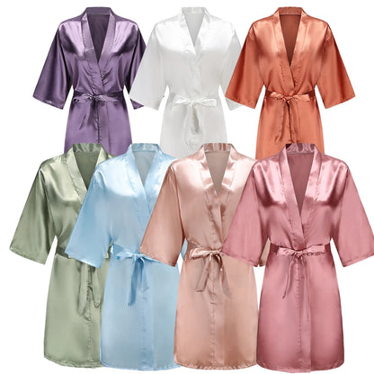 Bata de satén para mujer – Batín sedoso corto para dama de honor para la novia y fiesta de bodas | Kimono elegante para dormir