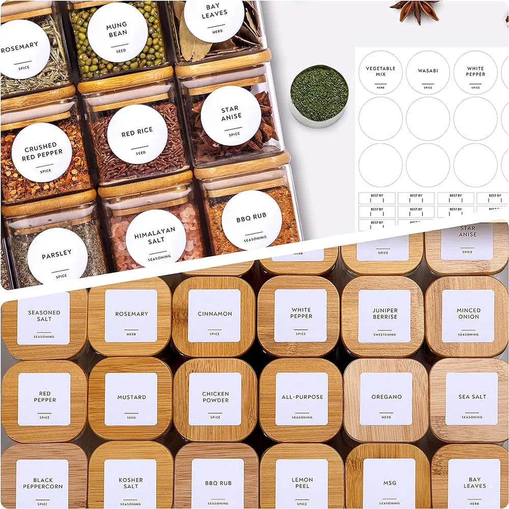 Lot de 14 bocaux à épices en verre de 150 ml avec étiquettes – Récipients de rangement carrés en verre avec couvercles en bambou, étiquettes autocollantes, bocaux de conservation pour épices, herbes, assaisonnements et organisation de la cuisine