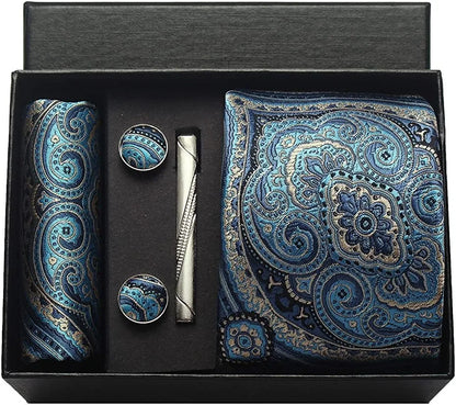 Corbata de seda 100% con diseño floral de Paisley para hombre con pañuelo de bolsillo, pasador de corbata y gemelos en caja de regalo