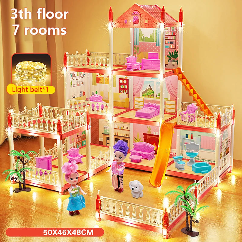 3D DIY Mini Princess Castle Villa Assembly Toy House with LED Lights – Creative Doll House Accessories Set, Girl Birthday Gift