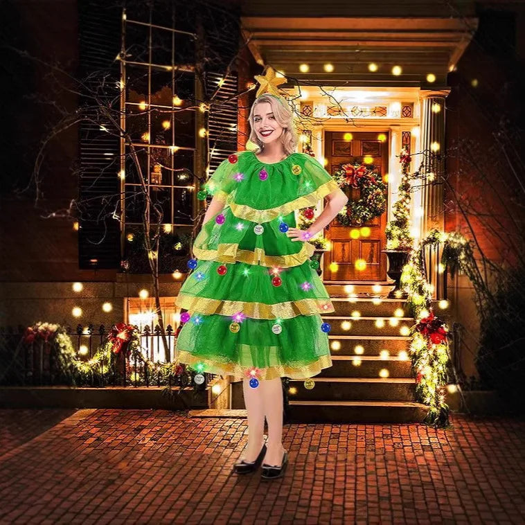 Women's 2026 Christmas Tree Costume Set with Headband and Bells, Festive Tree Skirt Party Outfit for Christmas Cosplay, Holiday Celebrations and Fancy Dress Parties