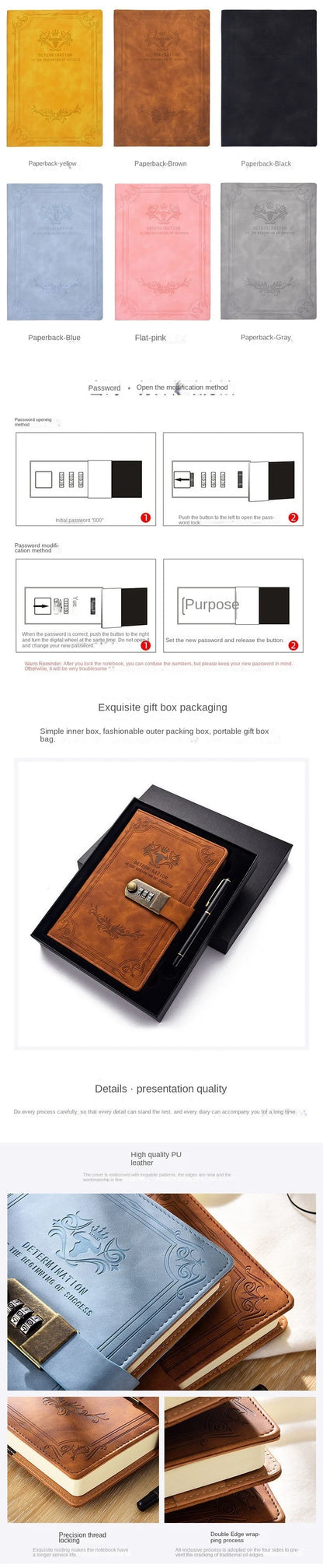 A5 Retro Password Lock Diary – 200-Page Journal Notebook with Secure Lock