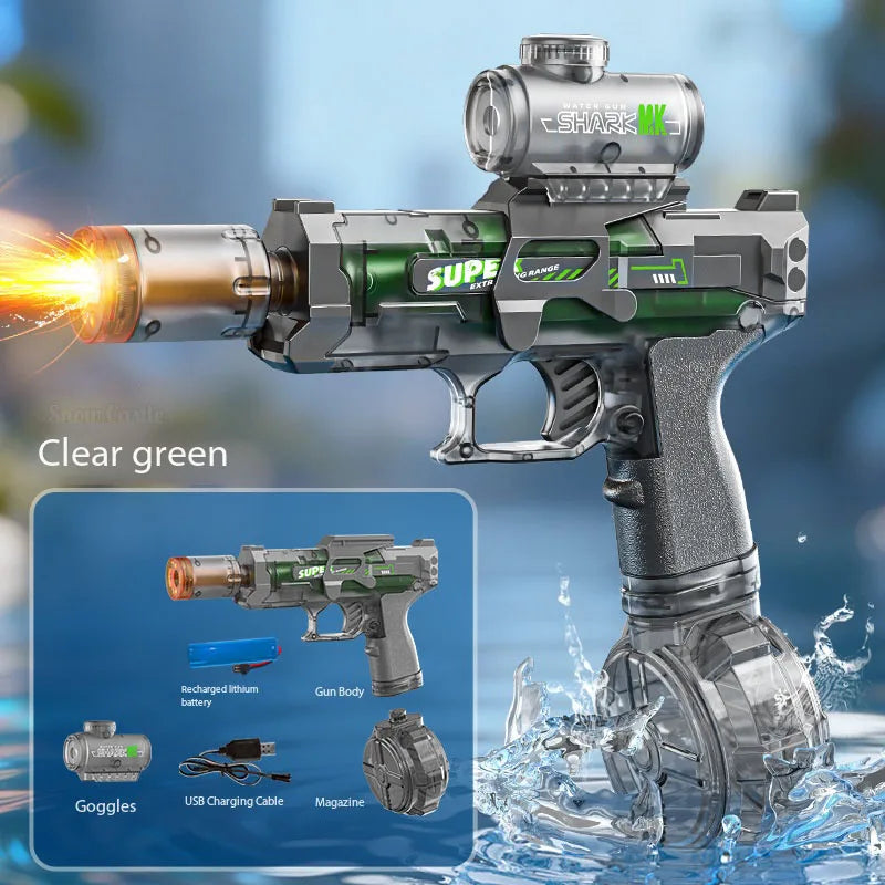 Pistola de agua eléctrica con luz y efecto llama – Potente lanzador de alta velocidad para juegos de playa, piscina y chapoteo de verano al aire libre