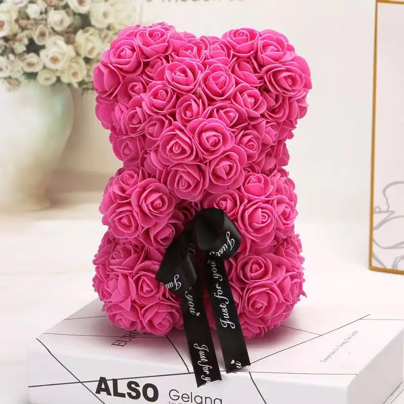 Oso de rosas artificiales de 25 cm con caja de regalo – Regalo romántico para ella en San Valentín, aniversario y boda