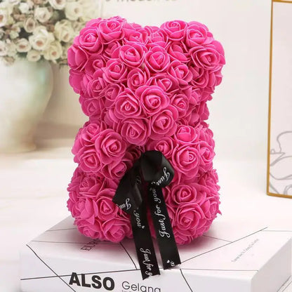 Oso de rosas artificiales de 25 cm con caja de regalo – Regalo romántico para ella en San Valentín, aniversario y boda