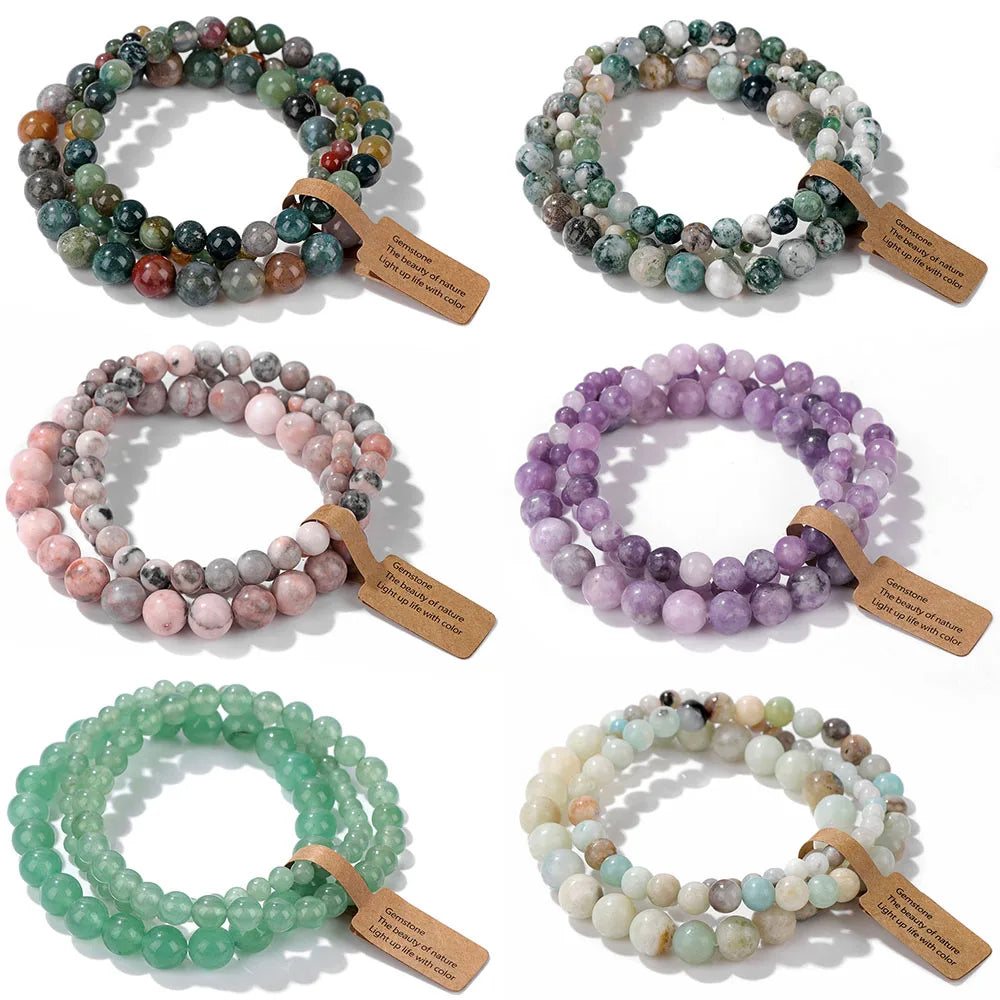 Set de 3 Pulseras de Cuentas de Piedra Natural – Agate Musgoso Indio, Rodonita y Cuarzo Cristal de 4mm/6mm/8mm para Hombres y Mujeres