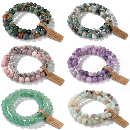 Set de 3 Pulseras de Cuentas de Piedra Natural – Agate Musgoso Indio, Rodonita y Cuarzo Cristal de 4mm/6mm/8mm para Hombres y Mujeres