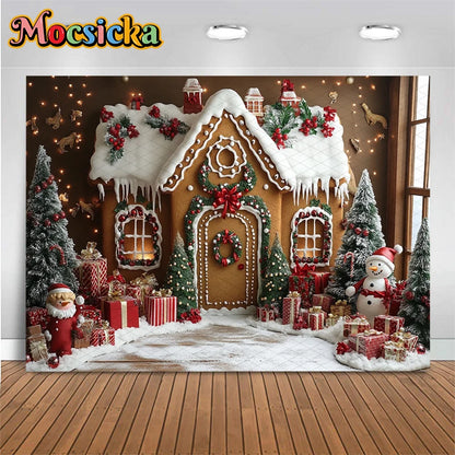 Mocsicka Christmas House Photography Backdrop – Xmas Tree, Snowman & Gifts Holiday Background for Children, Adults, Family & Party Decor