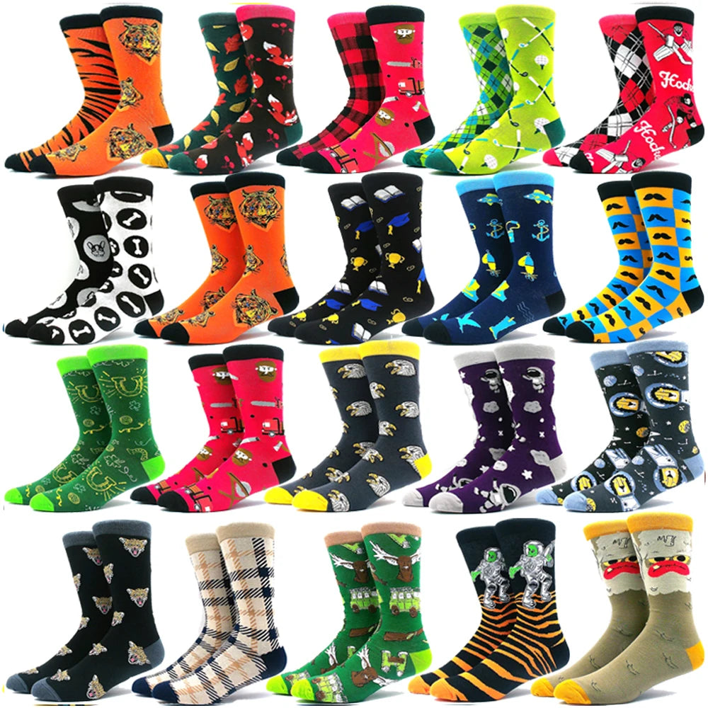 Funny Colorful Hip Hop Socks – Combed Cotton Animal, Astronaut & Geometric Print Socks for Men & Women, Business Dress Wear