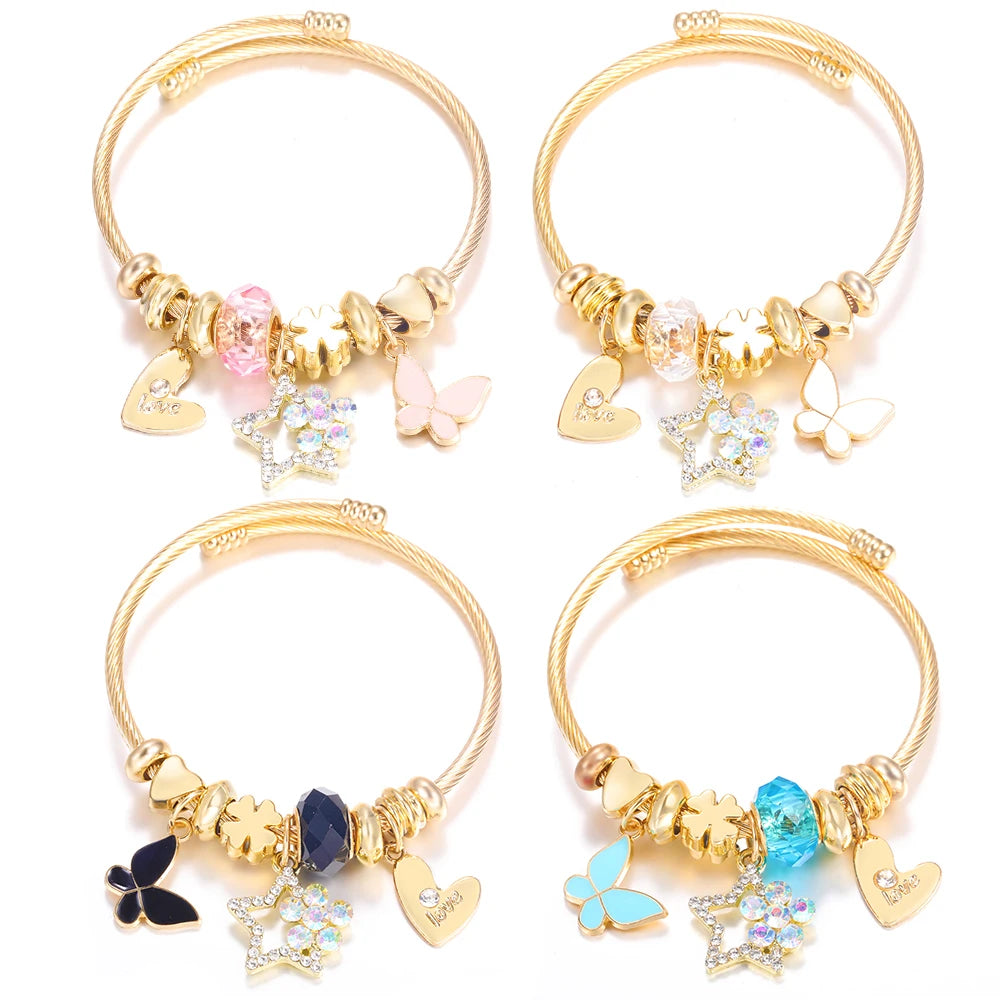 Pulsera con colgante de corazón y cuentas – Pulsera de abalorios de acero inoxidable de 4 colores para mujer | Regalo de joyería de moda dorada de tendencia