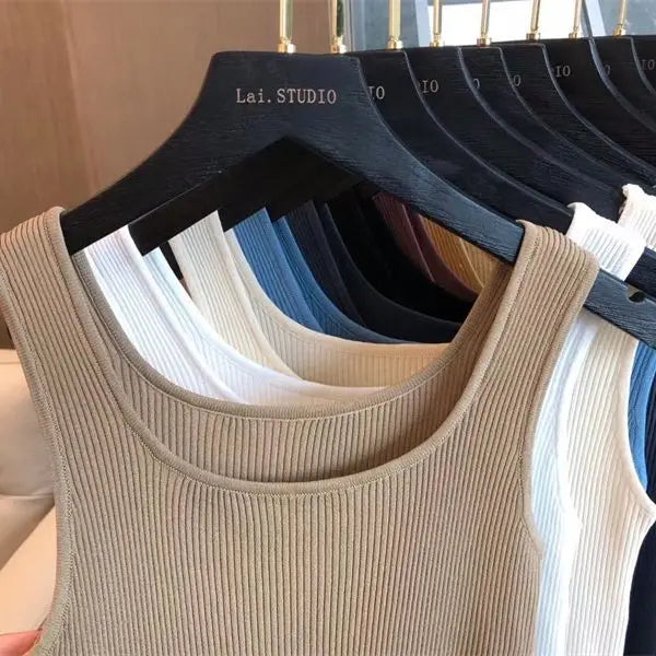 Haut court décontracté basique en tricot à col en U sans manches et de couleur unie pour femme, idéal pour l'automne