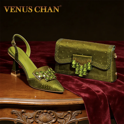 Women’s Olive Green Rhinestone Heels & Matching Bag Set – Italian-Inspired Pointed Toe High Heels for Parties, Weddings & Special Occasions
