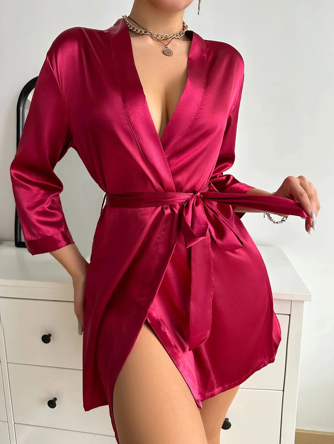 Women’s Summer Ice Silk Robe – Sexy Lace-Up Bathrobe Morning Gown Home Dress Loungewear