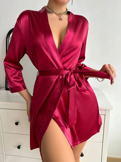 Women’s Summer Ice Silk Robe – Sexy Lace-Up Bathrobe Morning Gown Home Dress Loungewear