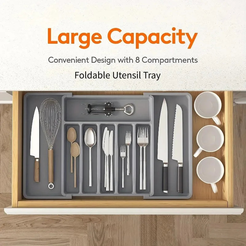 Adjustable Flatware Drawer Organizer – Plastic Kitchen Utensil Storage Tray for Cutlery, Tableware & Countertop