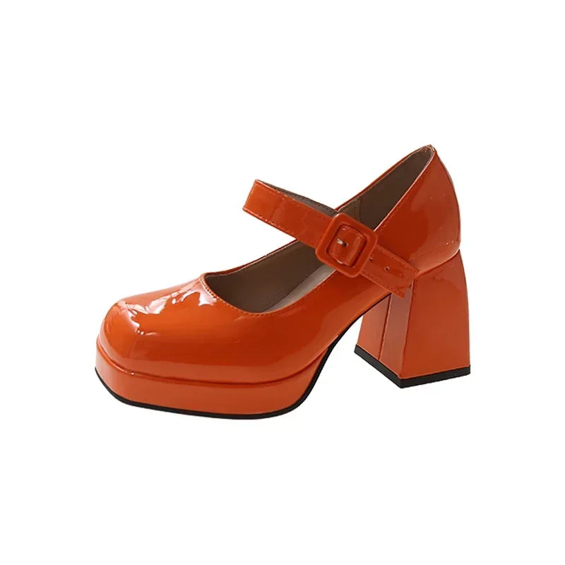 Women's Platform Square Toe Pumps – 7cm Chunky Heel High Heels in Orange, Non-Slip Dress Shoes with Big Size Options
