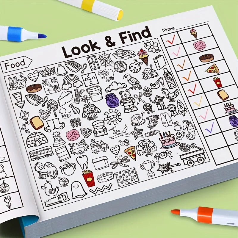 Livre d'activités interactif de cherche-et-trouve à colorier – Livre de puzzles d'objets cachés pour enfants avec des jeux de cherche-et-trouve, des exercices d'association, des pages de coloriage créatives et des activités d'apprentissage éducatives