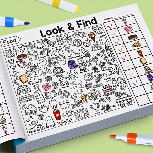 Libro de actividades interactivo para colorear de buscar y encontrar - Libro de acertijos de objetos ocultos para niños con juegos de buscar y encontrar, ejercicios de unir, páginas creativas para colorear y actividad de aprendizaje educativo
