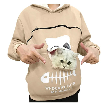 Women's Cute Cat Pocket Hoodie – Long Sleeve Casual Sweatshirt for Spring, Autumn & Winter, Simple Commuter Top with Pet Pocket