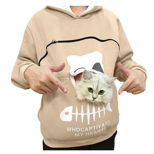 Women's Cute Cat Pocket Hoodie – Long Sleeve Casual Sweatshirt for Spring, Autumn & Winter, Simple Commuter Top with Pet Pocket