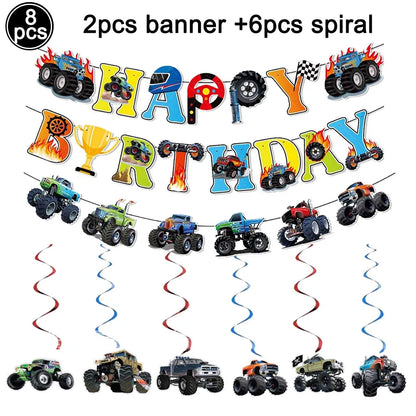 Monster Truck Birthday Party Supplies – Disposable Plates, Napkins, Banner & Tablecloth for Kids' Boys' 2nd Birthday Decorations