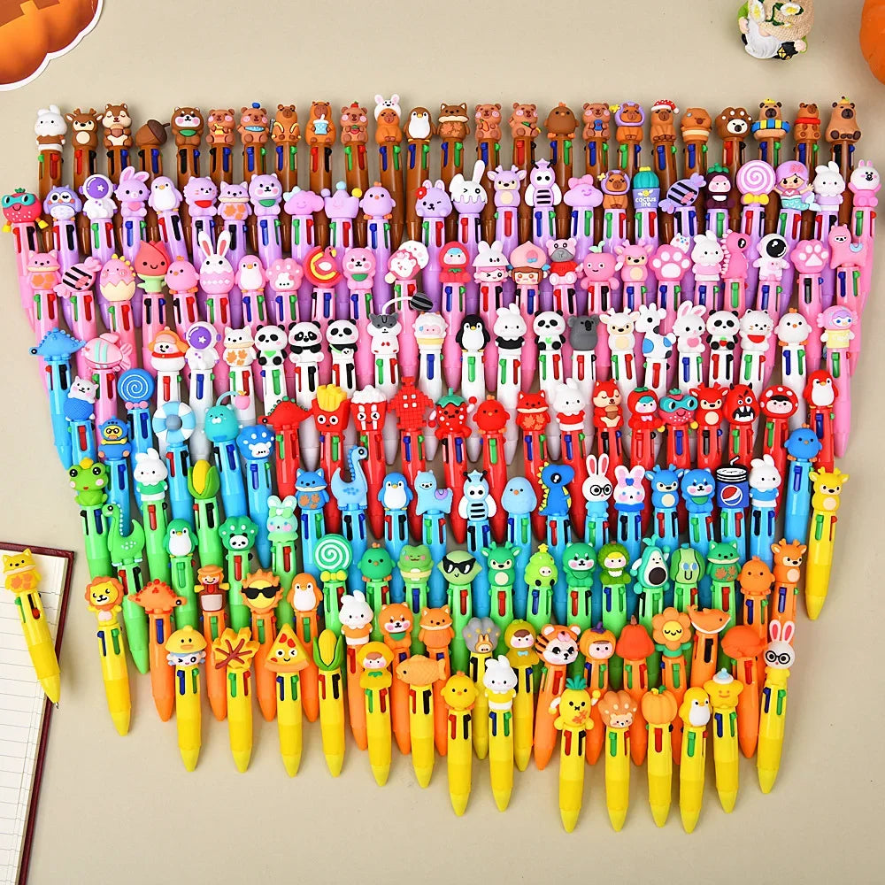 30PCS Cute Cartoon 4-Color Ballpoint Pens – Mini Pocket Kawaii 3D Pens for Kids, Christmas Student Prizes, School & Office Stationery