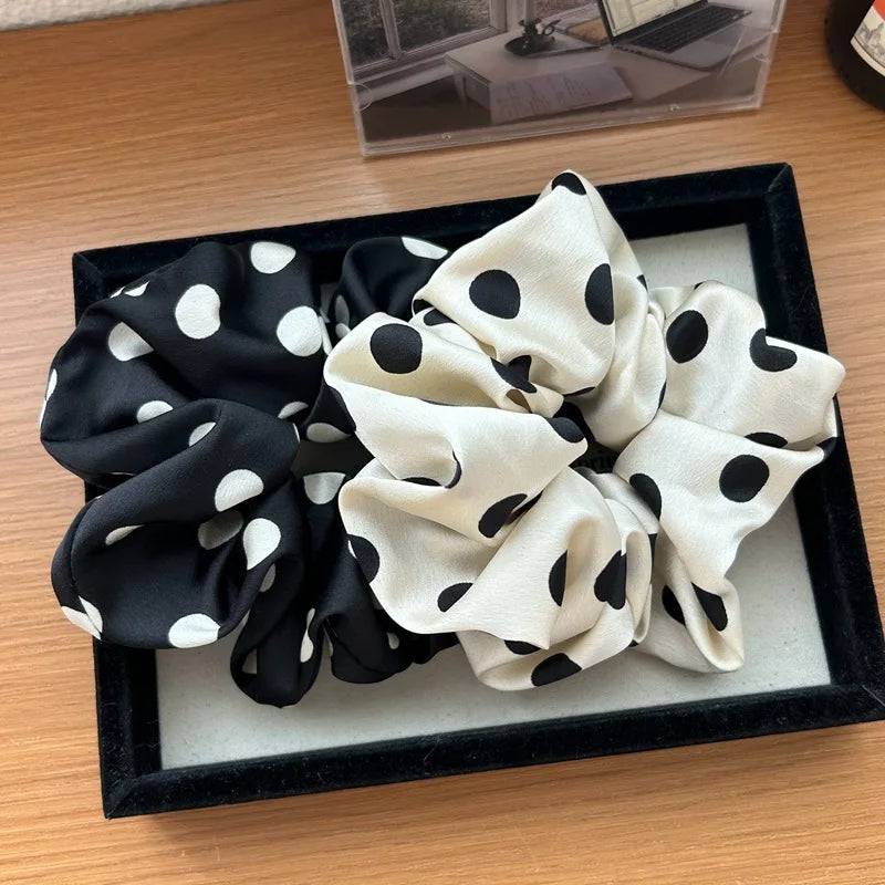 Korean Dot Satin Scrunchies – White & Black Silk Elastic Hair Ties for Women & Girls | Fashion Ponytail Hair Accessories