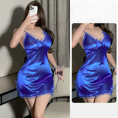 Ensemble de Nuisette en Satin et Dentelle pour Femme – Nuisette Dos Nu sans Manches avec String, Tenue de Nuit et de Détente avec Nœud